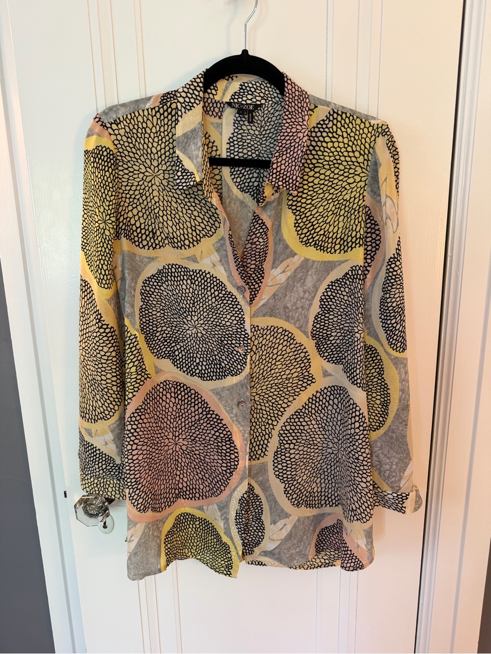 NIC+ZOE Abstract Floral Button-Down Shirt in Yellow, Pink & Gray